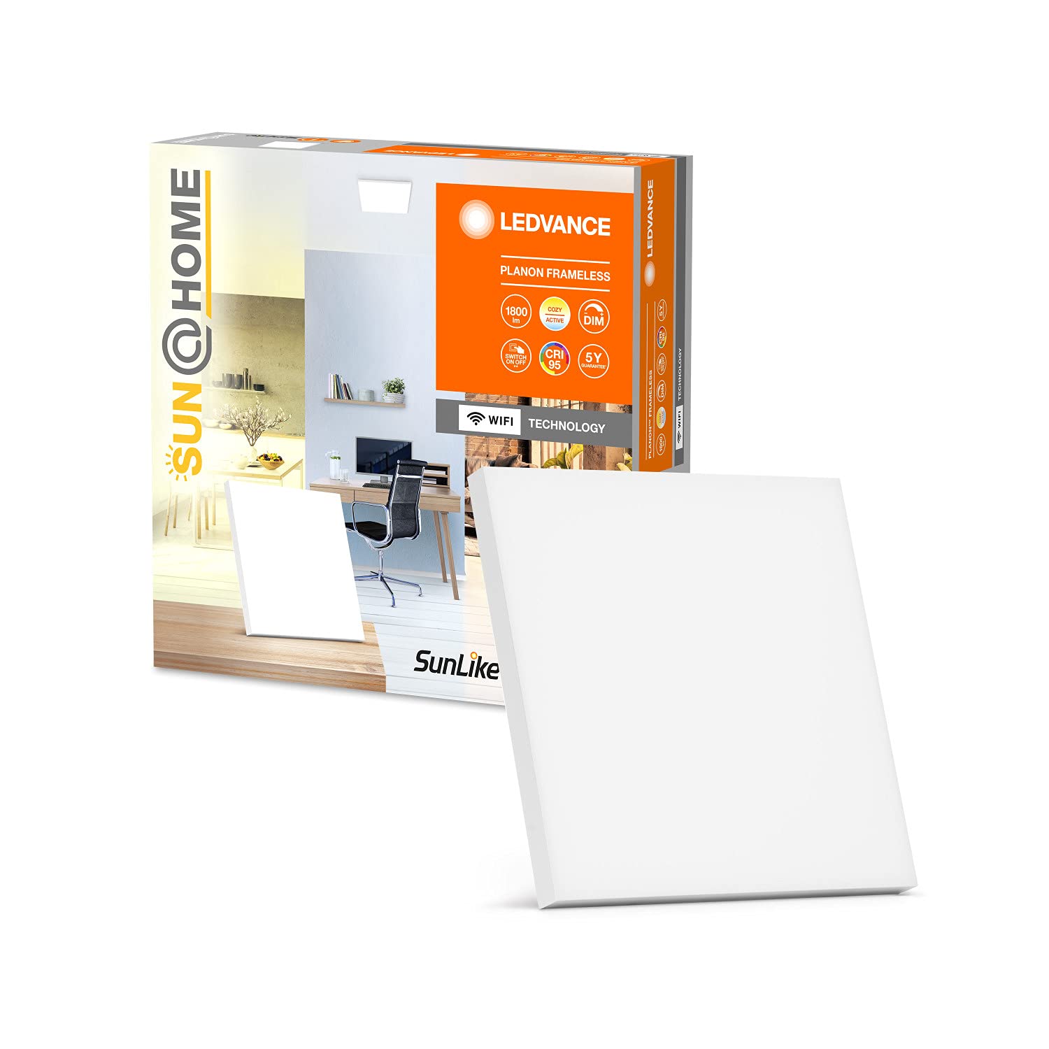 LEDVANCE Sun@Home Ceiling Light LED, WiFi Wall Luminaire White 20W Dimmable, 1800 Lm, 2200-5000k, 30cmx30cm, CRI>95, with Alexa, GoogleApp Controllable, Smart+ Planon Frameless Square.