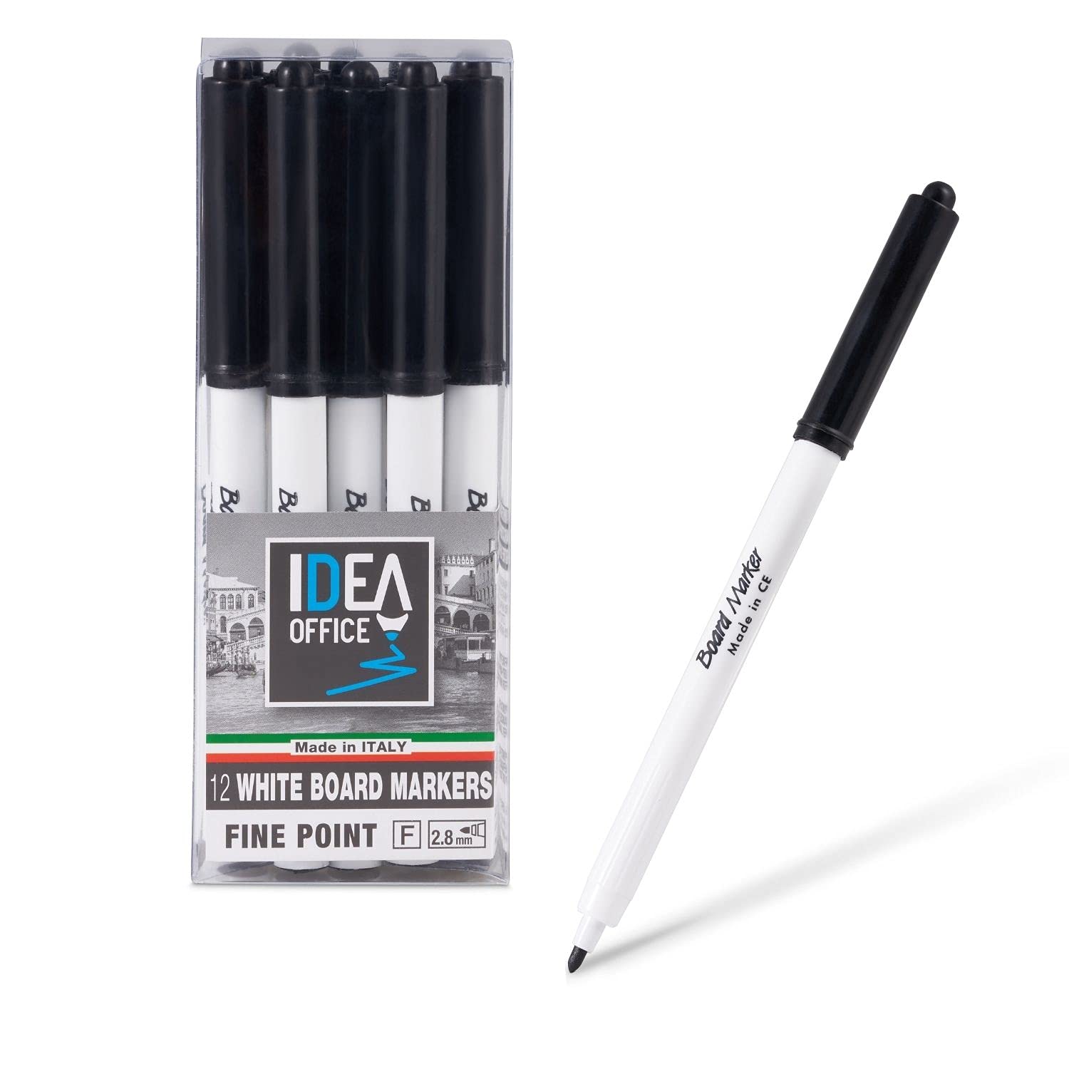 Idea Office 12 Black Whiteboard Marker Pens, Fine Tip, Low Odur Dry Erase Pens for Office, Home or Fridge Planner Boards
