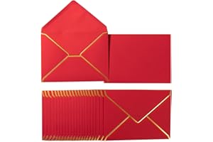 HOMTABLE 50 Pack A4 Envelopes Red 4x6 Self-Adhesive V Flap Envelopes with Gold Border for Office, Wedding Gift Cards, Invitations, Graduation, Baby Shower, Parties (4.25x6.25 inches)