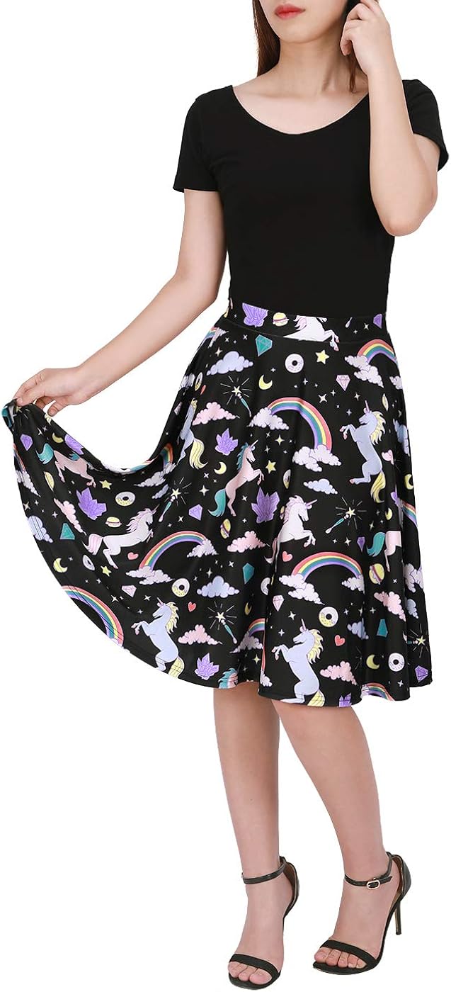 HDE Skirts for Women - Midi Skirt Skater Skirt Knee Length High Waist Fun Prints: Clothing
