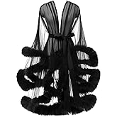 Tulle Feather Robe Sexy Sheer Mesh Fur Bridal Illusion Boudoir Bathrobe Nightgown Christmas Lingerie