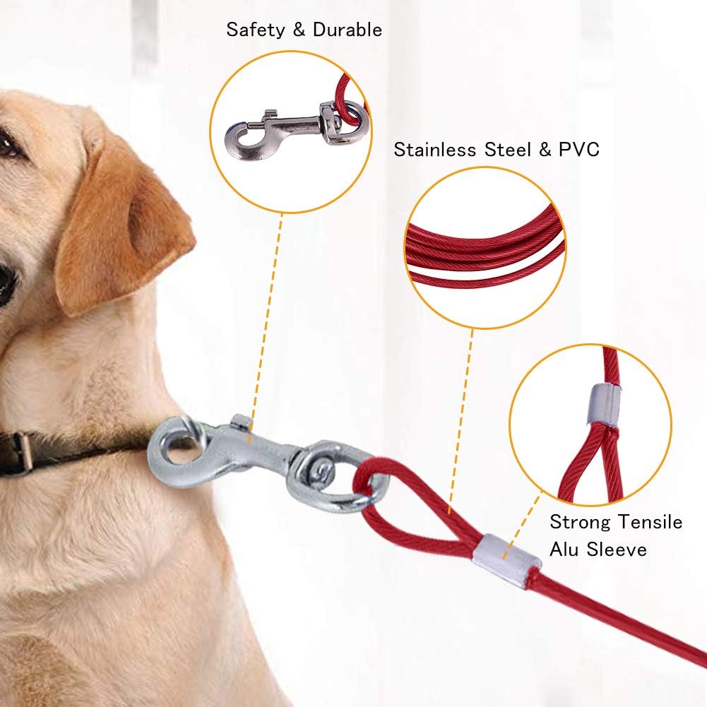Chew Resistant Steel Wire Dog Leash 16.4ft Tie Out Cable for Dogs Outdoor Camping and Picnic Strong Pet Safety Rope (Red) - Image 4