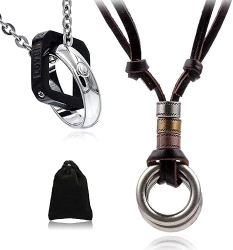 Amazon Tianレザー ダブル リング ネックレス メンズ 調整可能 人気 メンズ ネックレス プレゼント リング スクエア ペンダント サージカルステンレス アレルギー対応 メンズ プレゼント ジュエリーポーチ付き 男女兼用 ネックレス 通販