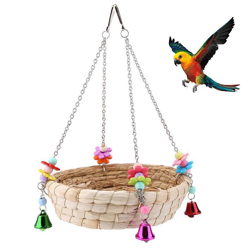 Bird Parrot Toy,Parrot Bird Nest, Natural Hand Woven Straw Nest Bed Swing with 4 Metal Bells,Swing for Birds,Perched Parrot