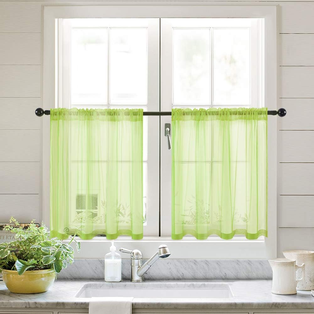 MIULEE Solid Green Kitchen Sheer Curtains Tiers 36 inches