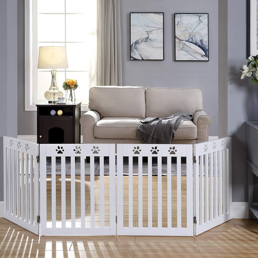 unipaws Dog Gate with Paw Deco Design, Freestanding Wood Pet Fence, Indoor Assembly Free Step over Extra Wide Doorway and Stair Barrier, White, 51cm W, 61cm H, 4 Panels