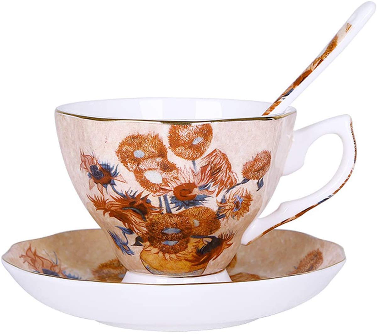 Eplze YBK Tech Bone China Cup and Saucer Set, 7oz Teacup - Design Inspired by Van Gogh's Paintings (Sunflower) — image 1