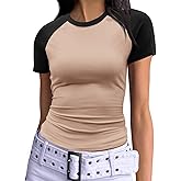 Imily Bela Womens Summer Short Sleeve T Shirts Slim Fitted Raglan Color Block Crop Tops 2025 Basic Casual Y2k Stretchy Tee