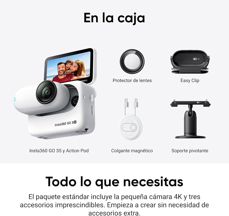 GO 3S Blanco(128 G), Cámara de vlogging 4K, Modo POV sin Manos, batería 140 min, edición IA e integración con Find My, Resistente al Agua 10 m, Montaje en Cualquier Sitio