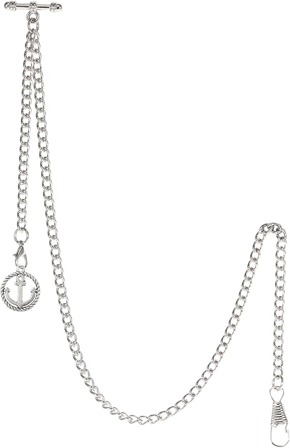 Amazon Treeweto メンズ アルバートチェーン 懐中時計 カーブリンクキーチェーン フック2個 アンティークアンカーペンダントデザイン チャームフォブ Tバー シルバー 懐中時計 腕時計 通販