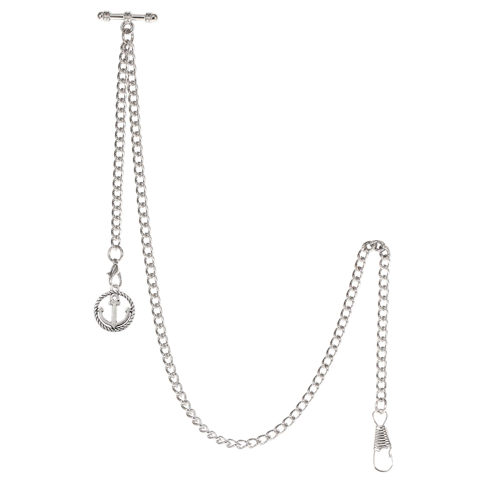 TREEWETO Men's Albert Chain Pocket Watch Curb Link Key Chain 2 Hooks with Antique Anchor Silver Pendant Design Charm Fob T Bar