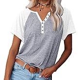 Womens Shirts Summer Henley V Neck Color Block Tshirts Raglan Short Sleeve Casaul Trendy Tops