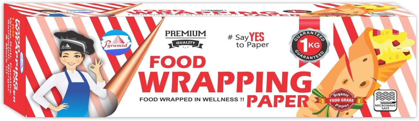 Pyramid Food Wrapping Paper Roll with Cutter Blade, (1 kg + 10% Extra),White with Orange Floral Print, Healthy, Virgin, Food Grade and Eco-Friendly