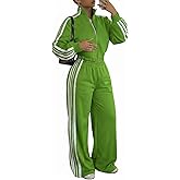 CHICME Womens 2 Piece Outfits Spring 2026 Casual Striped Tracksuit Sets Crop Zip Shirt Sporty Wide Leg Pants