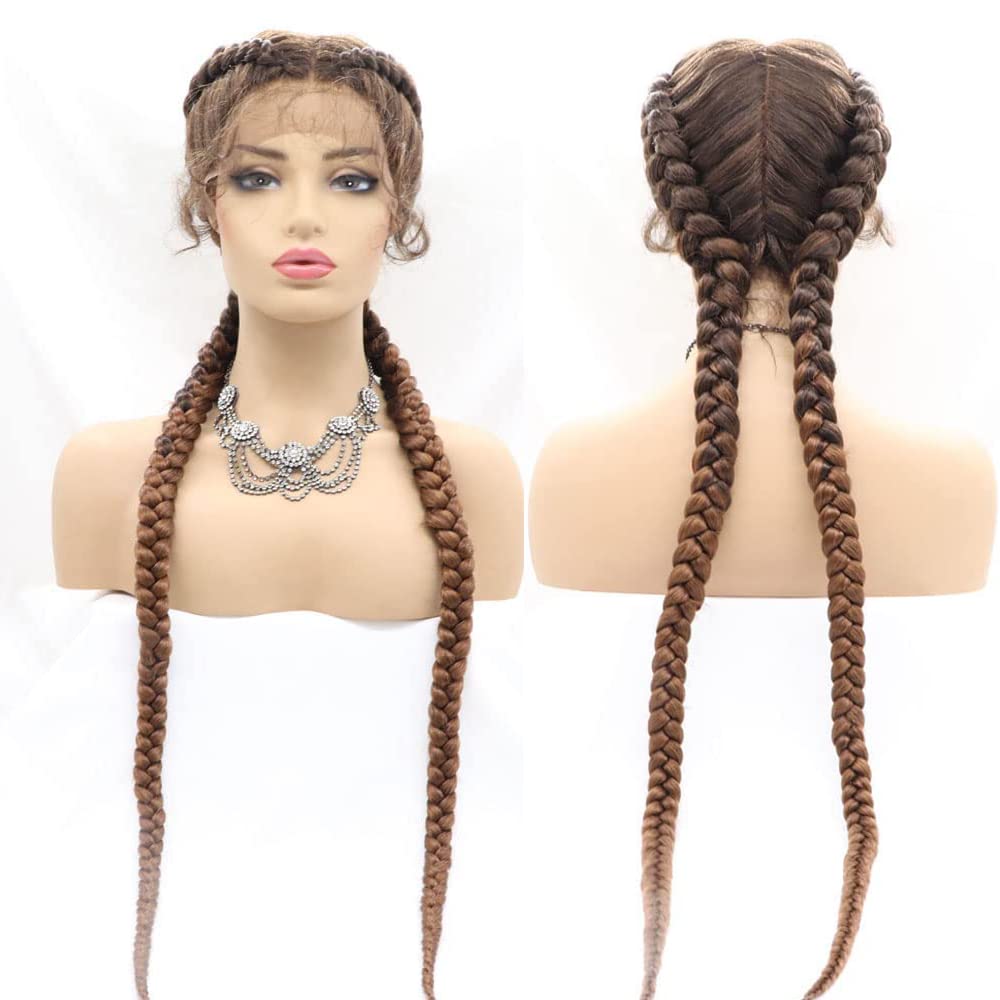 Xiweiya 32" Braided Copper Brown Lace Braid Wig 2 Double Twist Braided Add Human hand Crochet Golden Brown Lightweight Synthetic Hair Wig Natural Hairline for Black Women