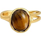Zikichiky 14K Gold Plated Tiger Eye Open Ring Vintage Adjustable Rings for Women Brown Jewelry