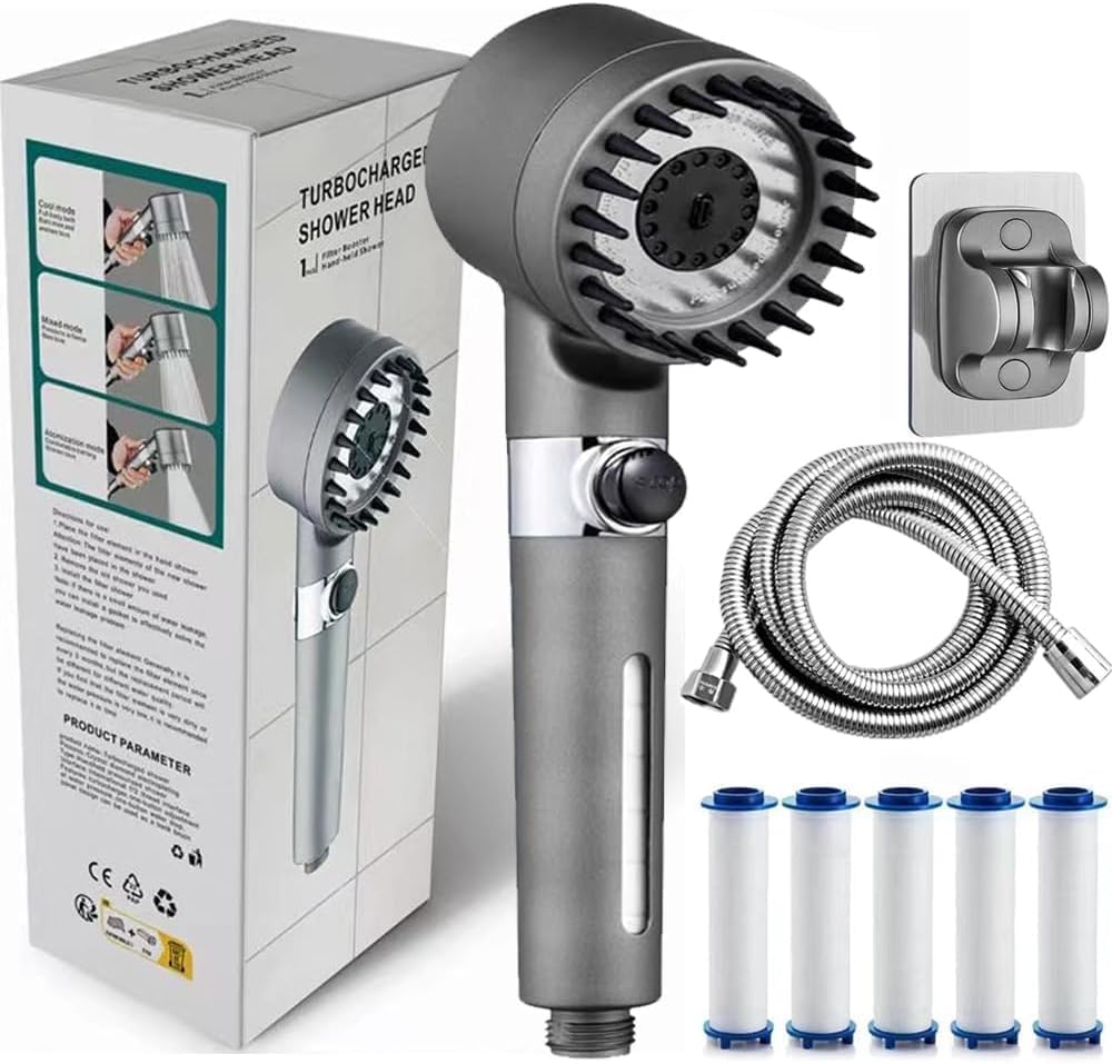 Photo 1 of Ion Shower Drops Head Filtered Showerhead With Five Filters,Filtered Shower Head With Handheld,High Pressure Turbo Showerhead,Reusable,Adjustable Settings With Hose (Gray)