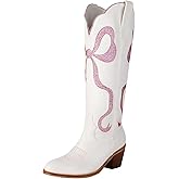 LGQ Women's White Cowgirl Boots with Bow Knee High Cowboy Boots Almond Round Toe Chunky Heel Embroidered Western Cowboy Boots for Women