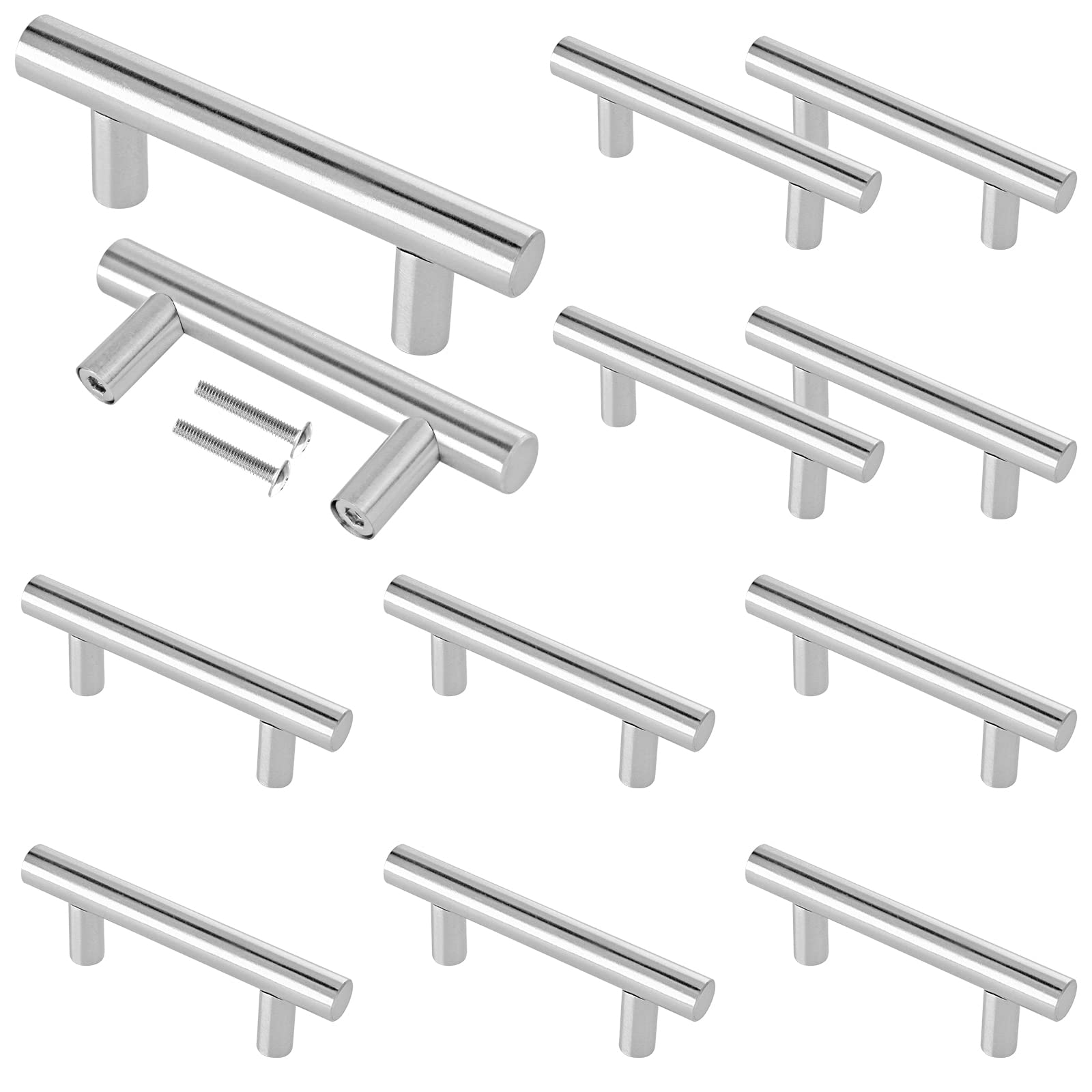 Cjueiom 12 Pack Brushed Nickel Cupboard Handles 64mm Hole Center T Bar Handles, Stainless Steel Drawer Long Wardrobe Door Pulls, 100mm Length Kitchen Cabinet for Bedroom