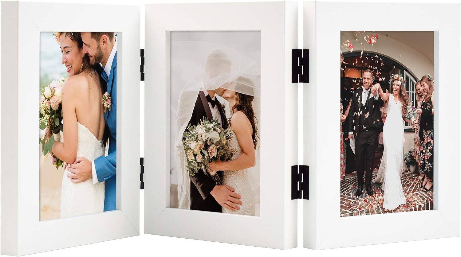 Golden State Art, 4x6 Three Picture Frame Trifold Hinged Photo Frame with 3 Openings, Desk Top Family Picture Collage, with Real Glass (White, 1-Pack)
