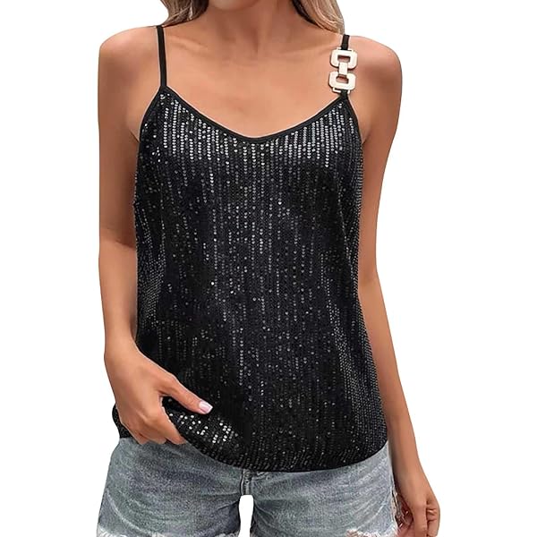Women´s Shine Sequin Cami Tops Sexy Sleeveless Spaghetti Strap V