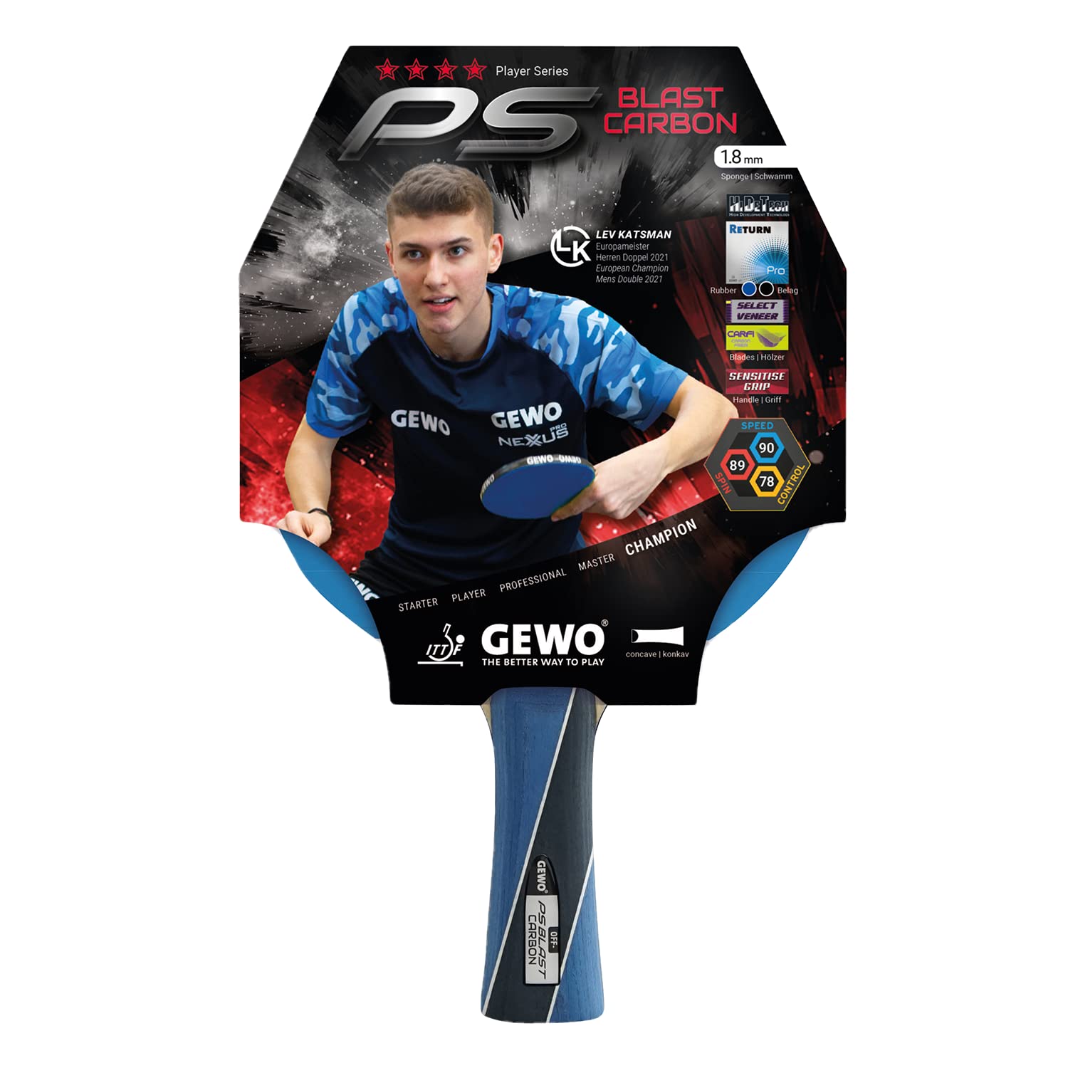 GEWO PS Blast Carbon Table Tennis Bat - ITTF Approved Professional Table Tennis Bat, Carbon Bat with Fast Pad GEWO Return Pro and High Rotation Properties, Concave, 1.8 mm Sponge