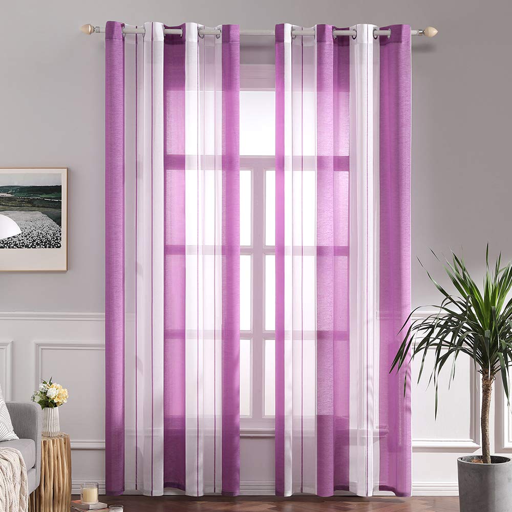 MIULEE Voile Curtains Semi Transparent Soft Elegant Decorative Classic Striped Curtain Translucent Eyelet Top Window Curtain Polyester for Bedroom Living Room 2 Panels 55" Wx69 L 140x175cm Lilac — image 1