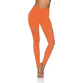 DIBAOLONG Womens High Waist Yoga Pants Cutout Ripped Tummy Control Workout Running Yoga Skinny Leggings Orange 2XL