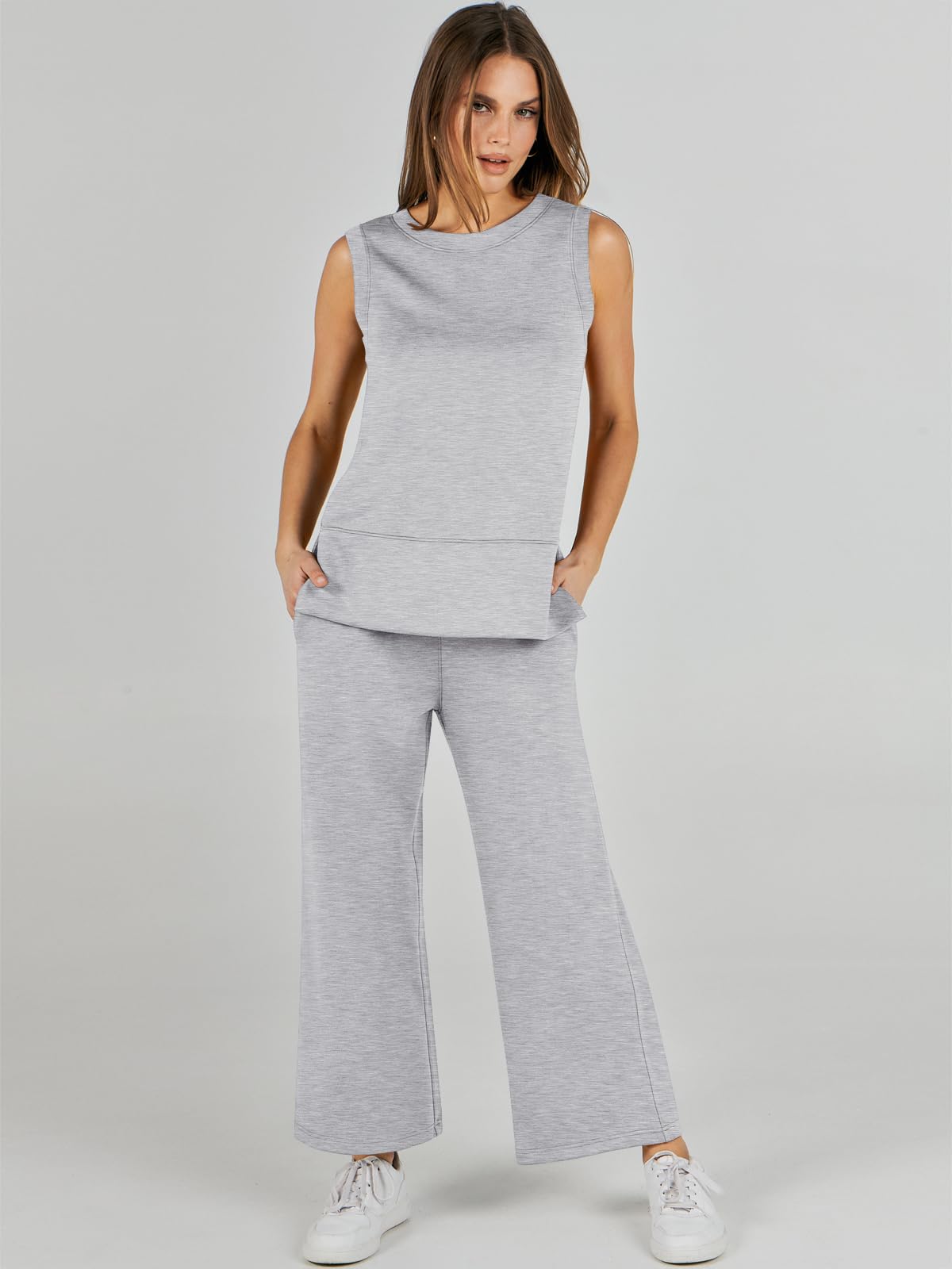 ANRABESS Women's 2 Piece Sets Summer Outfits Sleeveless Wide Leg Tracksuits Casual Sweat Sets Lounge Sweatsuits Light Grey Large - Image 6