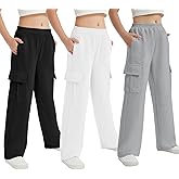 EXARUS Girls Sweatpants with Cargo Pockets Elastic Waistband Wide Leg Causal Kids High Waisted Pants 6-14Y