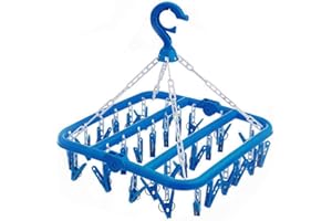 SteelFever Foldable Clip and Drip Hanger with 32 Clips - Plastic Hanging Drying Rack for Clothes Underwear Socks (Blue)