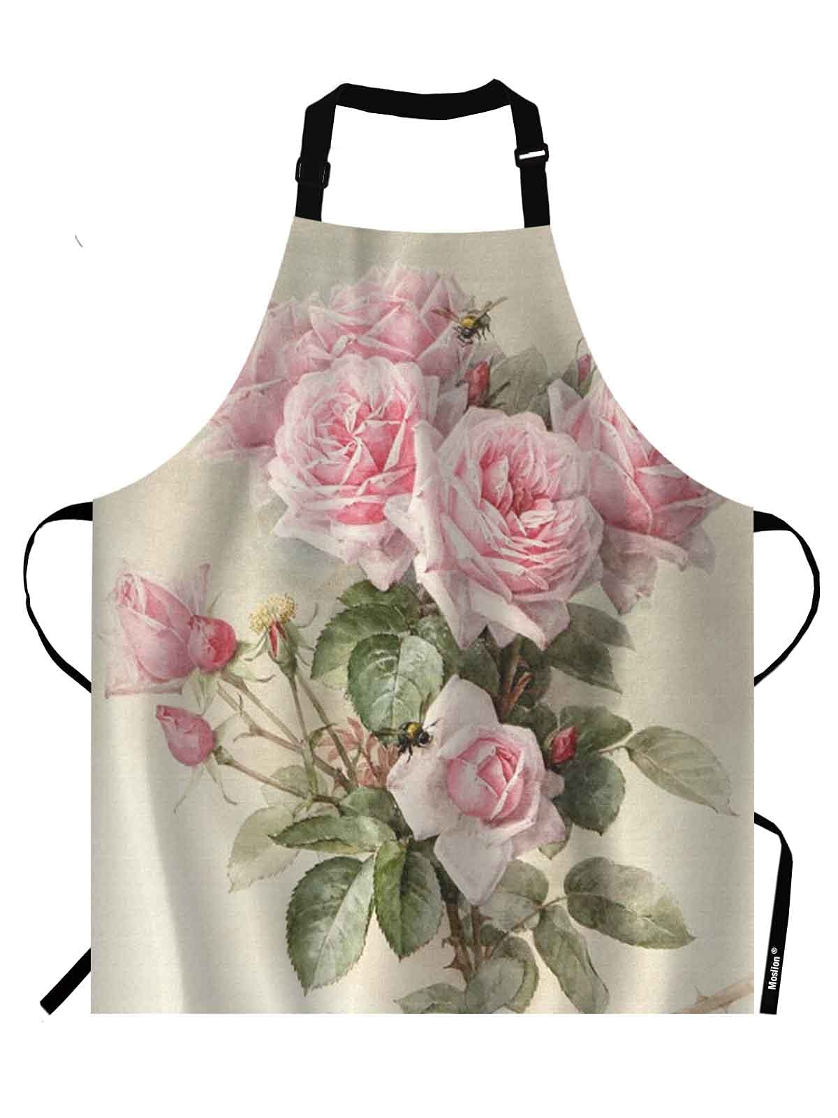 Moslion Vintage Shabby Chic Pink Rose Floral Apron, Adjustable Neck Bib for Men Women,Suitable for Kitchen Cooking Waitress Chef