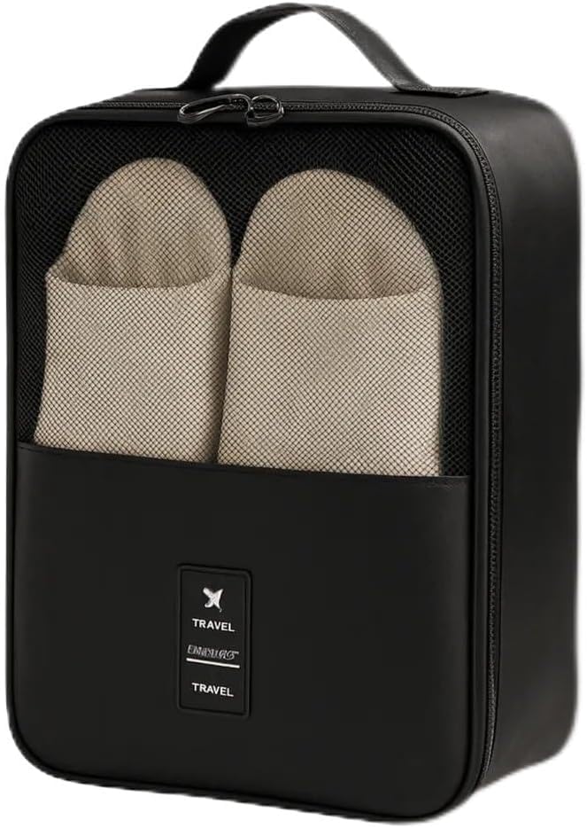 Bolsa de Sapatos para Viagem 03 Compartimentos Necessaire Organizadora de Tênis Sandálias Chinelos Sapato Porta Calçados com Zíper Malha Respirável Dobrável Economia de Espaço (PRETO)