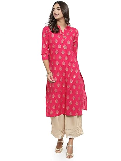 Womens cotton straight Kurta (KUR190052-L_ Pink_ Large)