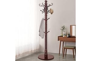 OIRUMIE Wood Coat Rack Stand, Wooden Coat Rack Freestanding with Sturdy Round Base, Vintage Coat Racks with 14 Hooks, Natural Birch Wood Entryway Coat Tree Hanger Stand Easy to Assemble