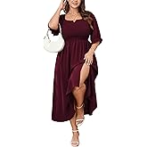 SCOMCHIC Womens Plus Size Maxi Dress Short Sleeve Square Neck Smocked Wedding Guest Flowy Split Dresses with Pockets