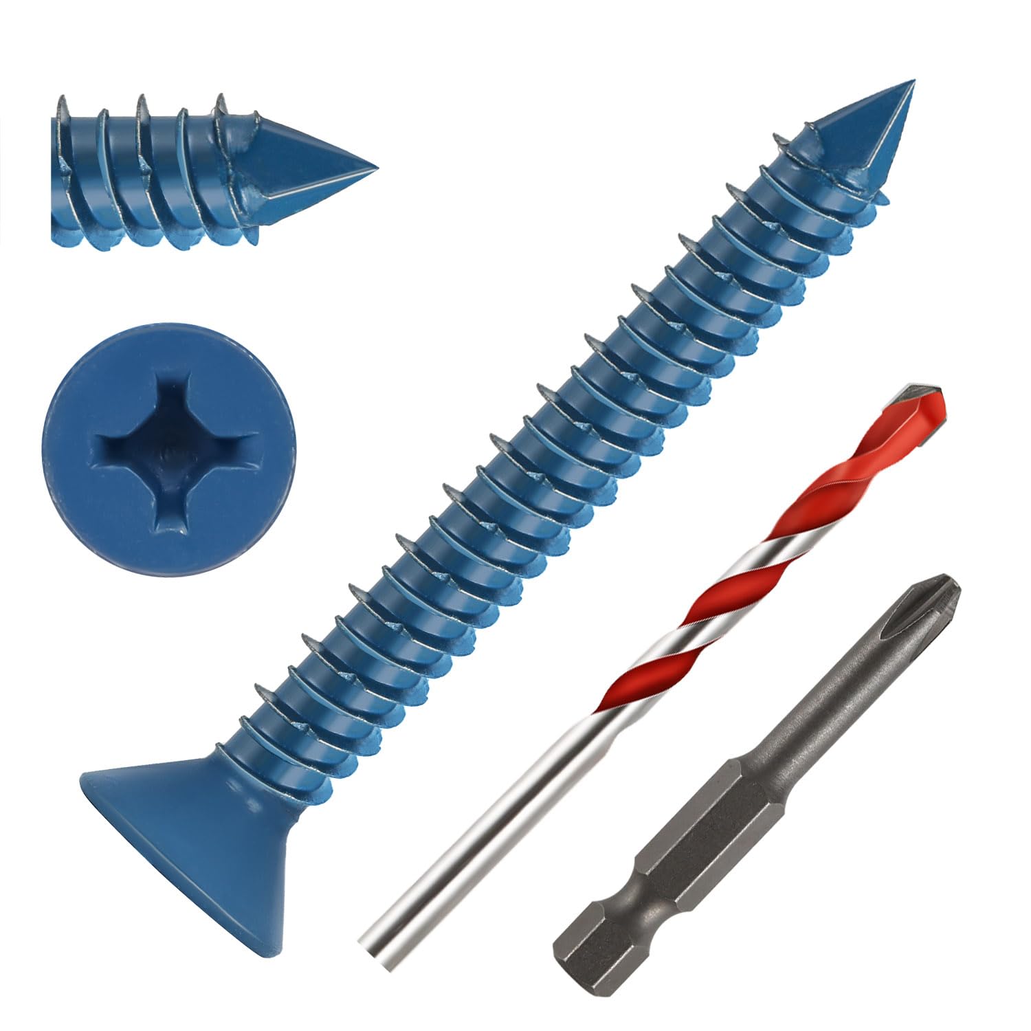 View 1 of 1/4" x 2" Concrete Screws, 50 PCS Blue Flat Head Concrete Screws Anchor Kit for Masonry, Cement, Block, Brick or Stucco
