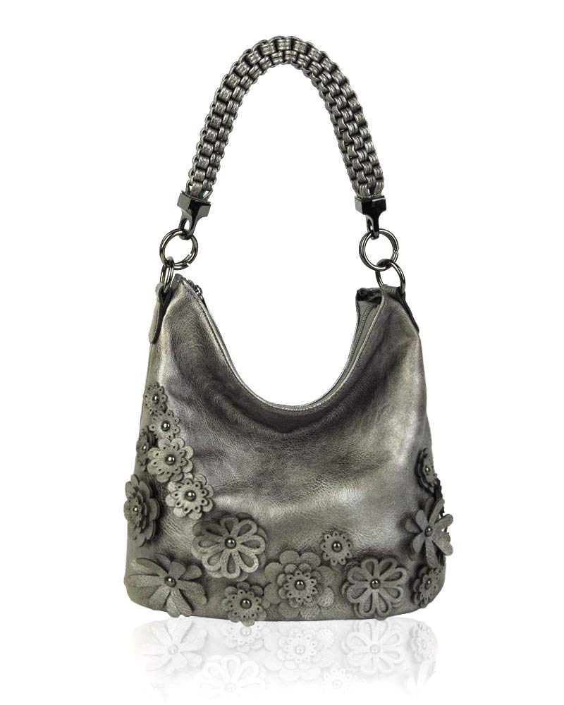 3D Flower Soft Leather Detachable Braided Handle Spacious Tote Shoulder Handbag For Women (Antique Silver)