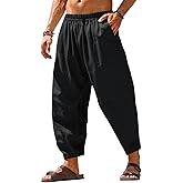 Runcati Mens Harem Pants Casual Elastic Waist Drawstring Cotton Cropped Pants Baggy Hippie Boho Beach Yoga Trousers