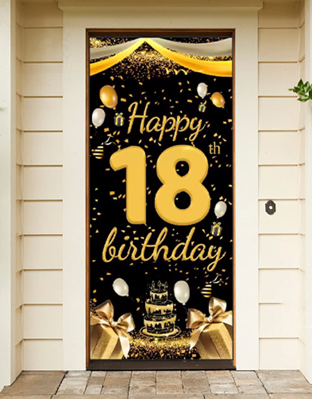 18th Birthday Banner - Black & Gold, 72 x 35 Inches - Large Fabric Photo Booth Backdrop for Parties
