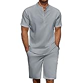 COOFANDY Men's 2 Pieces Linen Set Casual Henley Shirts Short Sleeve Beach Yoga Shorts Summer Pants Outfits