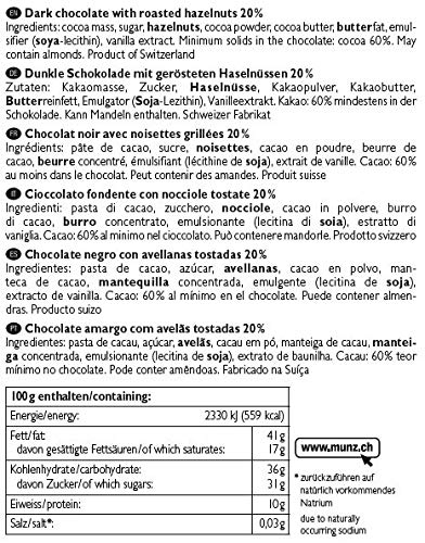 Munz Schokolade Edelbitter 60% Kakao mit Haselnüssen | Zartbitterschokolade | 10 Tafeln á 100g | Edle Schokolade | Swiss Premium Chocolate Bittersweet | Großpackung 1 kg Schokoladentafeln – Bild 5
