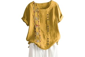 TAWOP Button Down Linen Tshirts for Women Round Neck Short Sleeve Embroidery Tunic Blouse Plus Size Peasant Boho Tops