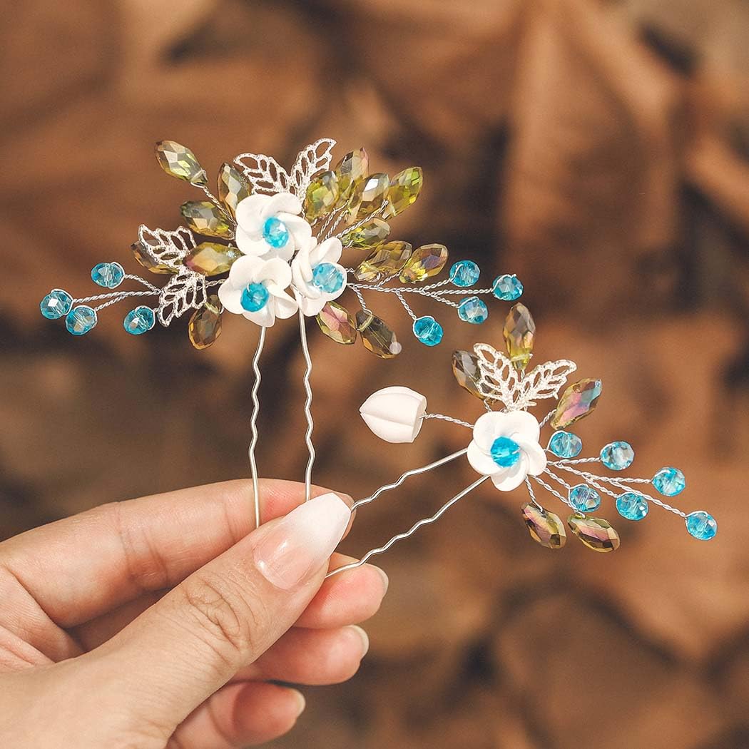 IYOU Bridal Wedding Hair Pins Flower Green Hair Clips Crystal Hair Pieces Prom Bride Hair Accessories for Woemen(Pack of 2)
