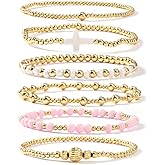Ustome Christian Cross Gold Ball Bead Stackable Bracelets Set for Women, Handmade Boho Romantic Colorful Stretch Accessories Jewelry,God Christ Pray Daily Party Friendship Gift