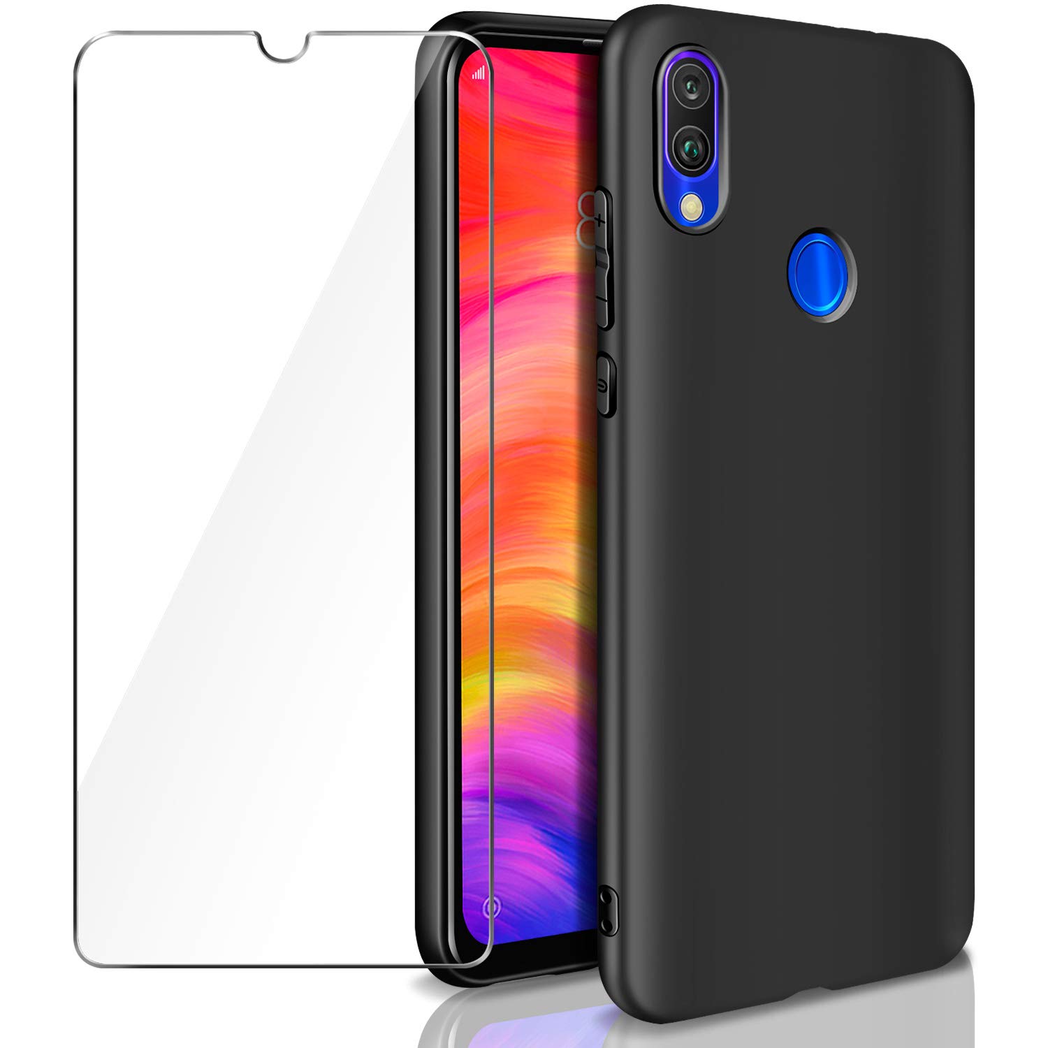 AROYI Case for Xiaomi Redmi Note 7 Pro + Tempered Glass Screen Protector, Premium Soft TPU Silicone Black Case Anti-Scratch Anti-Slip Protection Case for Xiaomi Redmi Note 7/Redmi Note 7 Pro