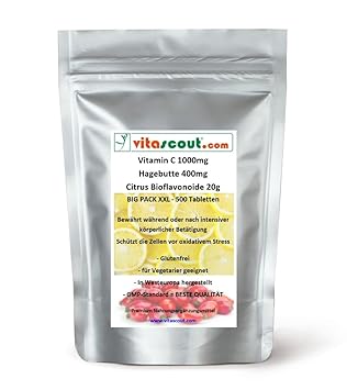 Vitamin C 1000 mg + Rosehips/Hagebutte + Bioflavonoide - 500 veg. Tabletten - Folienbeutel
