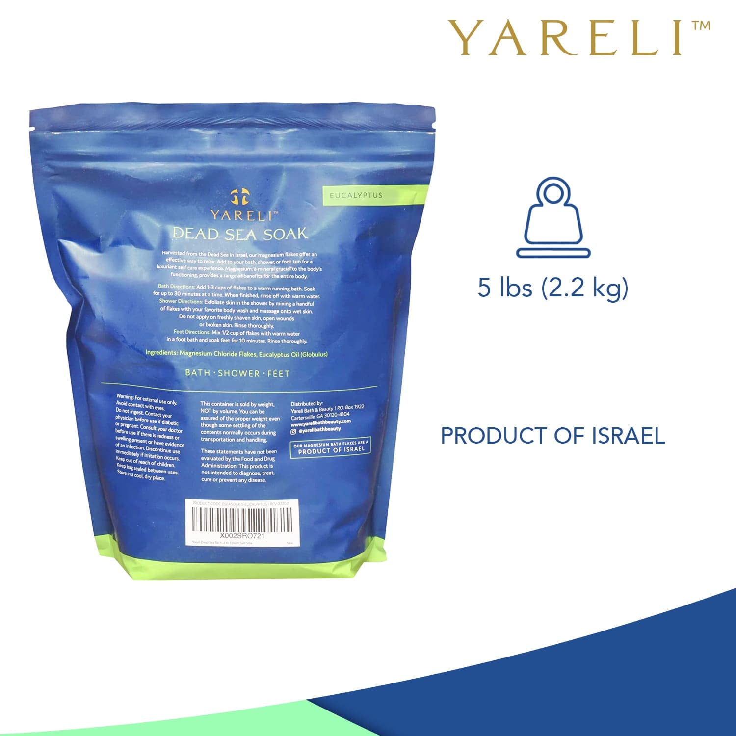 Yareli Magnesium Flakes, 5lb Eucalyptus, Dead Sea Bath and Foot Soak, Alternative to Epsom Salt with Over 250,000mg of Magnesium Chloride Per Bag