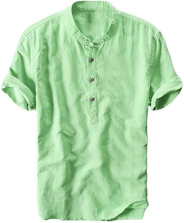 Mens Henley Shirts Linen Cotton Summer Casual Short Sleeve T-Shirts Tops