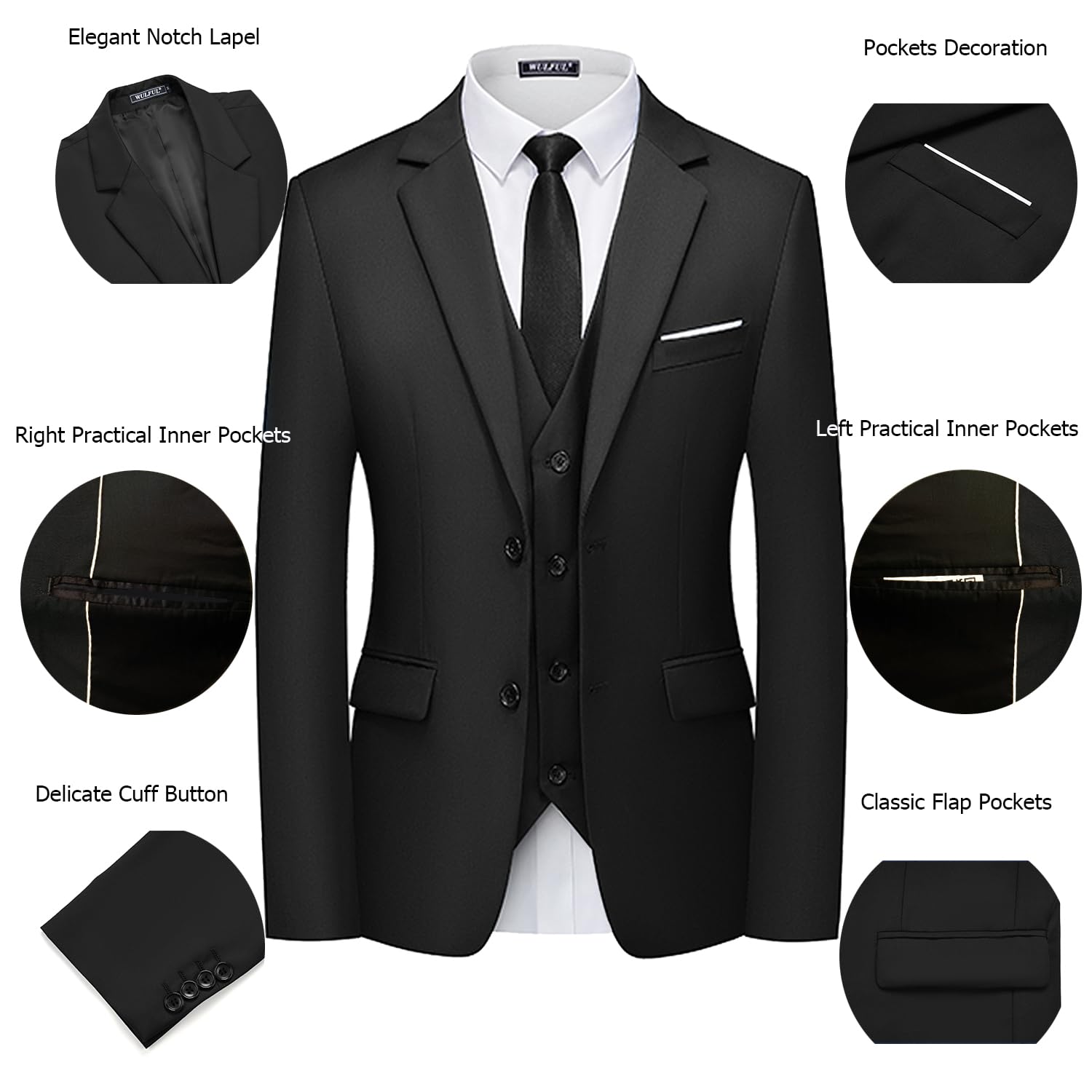WULFUL Men's 3 Piece Slim Fit Suit Set Two Button Blazer Jacket Vest Pants Tuxedo Set for Party, Wedding and Business